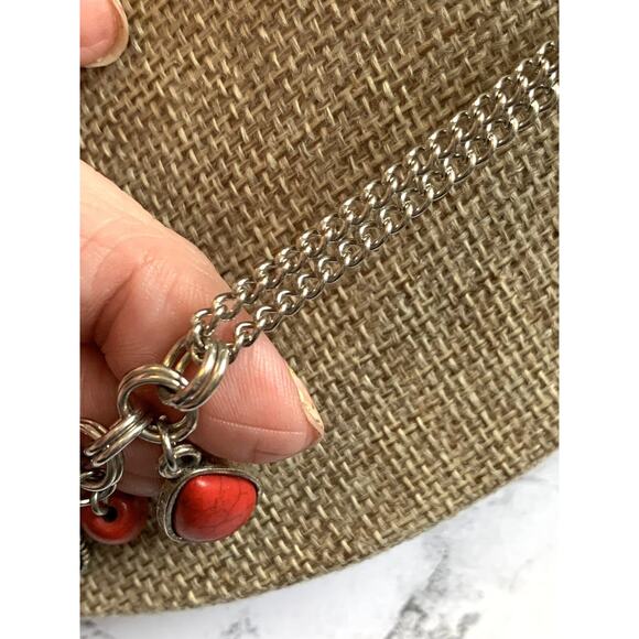 Faux Red Turquoise Necklace Charm Dangles Aged Silver Tone with Lobster Clasp- - Picture 5 of 6